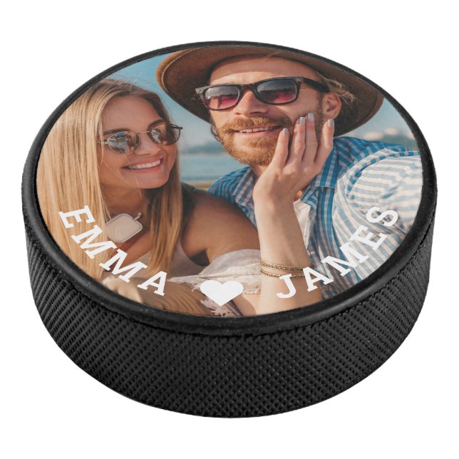 Cute Love Heart Photo Couples Personalized Names Hockey Puck (3/4)