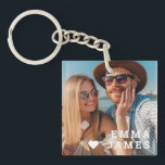 Cute Love Heart Photo Couples Personalized Names Keychain<br><div class="desc">Cute Love Heart Photo Couples Personalized Names Keychain features your favorite photo with a love heart and personalized with your names in modern white script. Personalize by editing the text in the text box provided and adding your own picture. Perfect gifts for couples, girlfriend, wife, sweetheart and more for birthday,...</div>