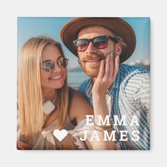 Cute Love Heart Photo Couples Personalized Names Magnet (Front)