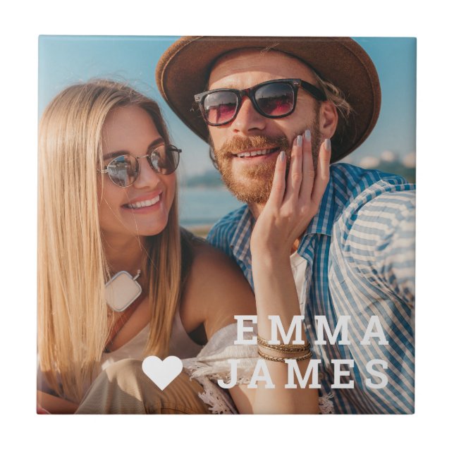 Cute Love Heart Photo Couples Personalized Names Tile (Front)