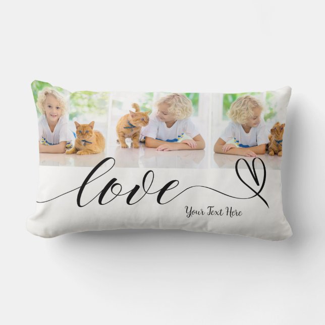Cute Love in Black Heart Script Custom 3 Photo Lumbar Pillow (Front)