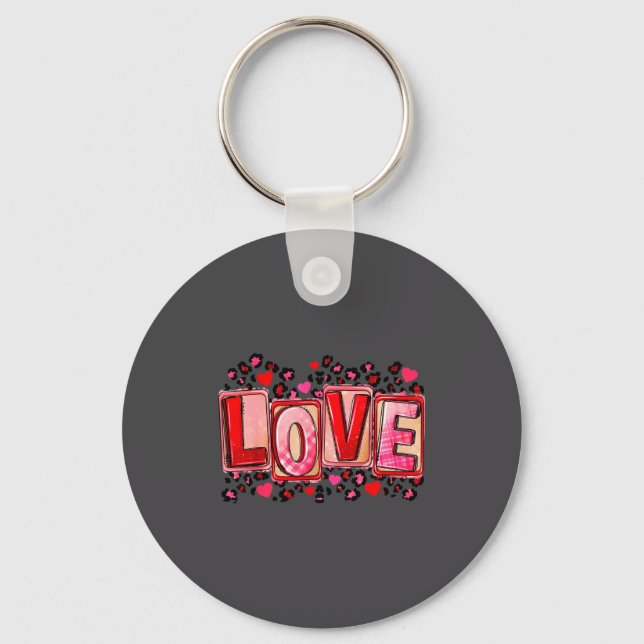 Cute Love Lettering Leopard Day Pink Valentine s Keychain (Front)