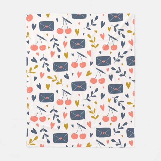 Cute Love Letters and Cherries Pattern Cozy Fleece Blanket (Front)