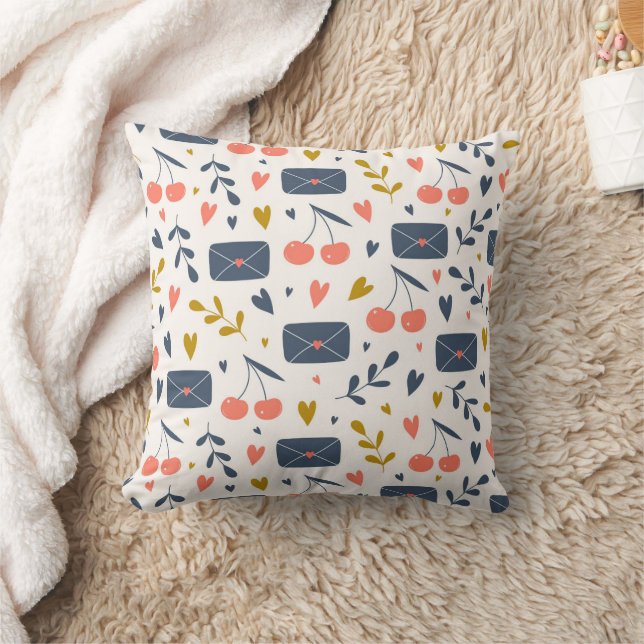 Cute Love Letters and Cherries Pattern  Throw Pillow (Blanket)