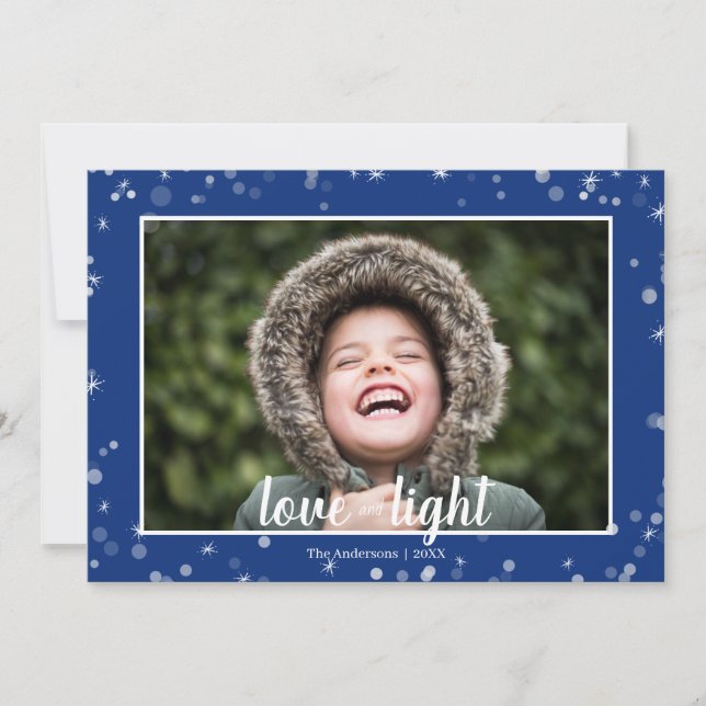 Cute Love & Light Hanukkah Holiday Photo Card (Front)