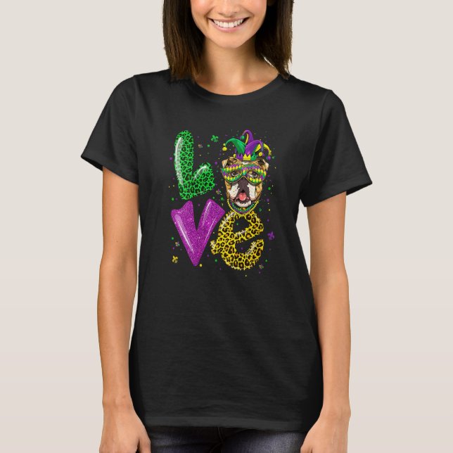 Cute LOVE Old English Bulldog Dog Mask Plaid Leopa T-Shirt (Front)