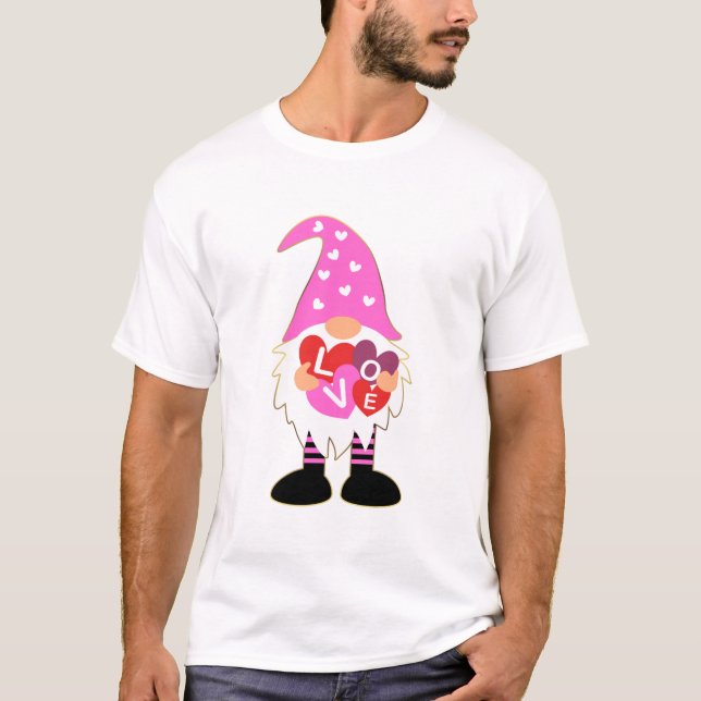 Cute LOVE Pink Heart Valentine Gnome T-Shirt (Front)