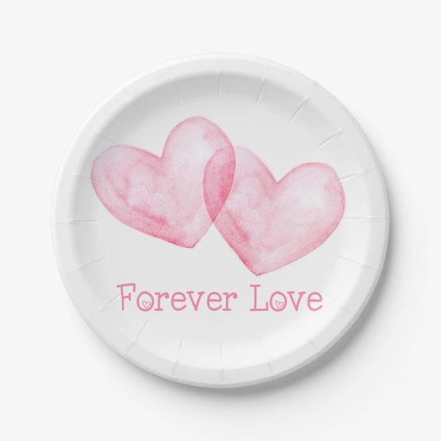 Cute Love Pink Watercolor Hearts Wedding Paper Plate (Front)
