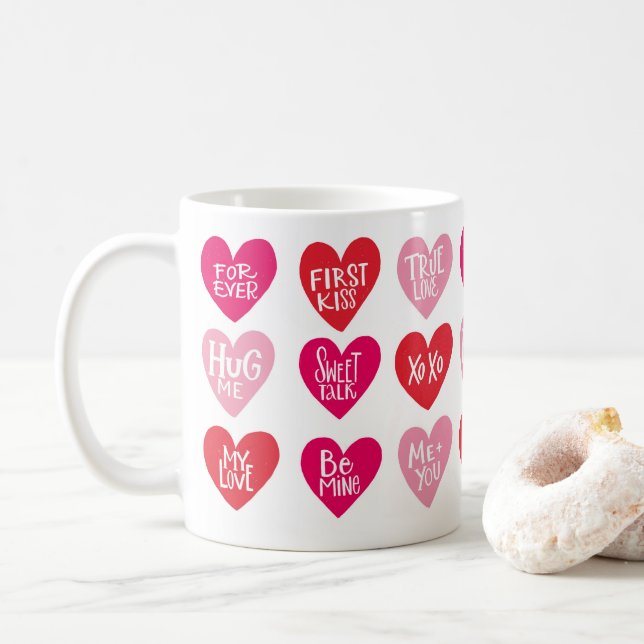 Cute Love Quotes on Hearts Happy Valentine's Day Coffee Mug (With Donut)