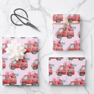  Cute Love Truck Carrying Hearts & Flowers Pattern Wrapping Paper Sheet