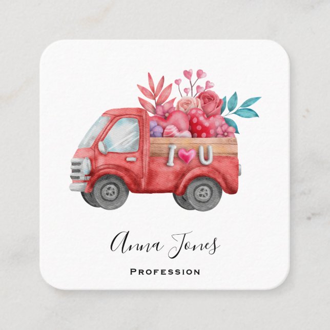 Cute Love Truck Carrying Hearts & Flowers Square Business Card (Front)