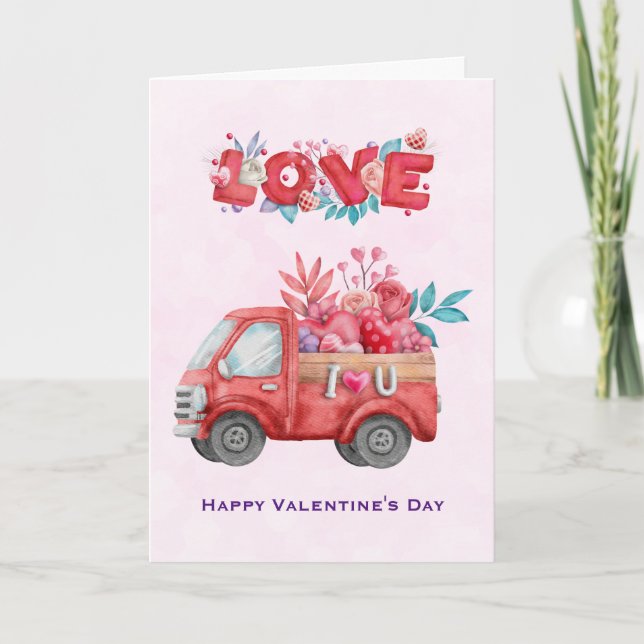 Cute Love Truck Carrying Valentine Goodies Card (Front)