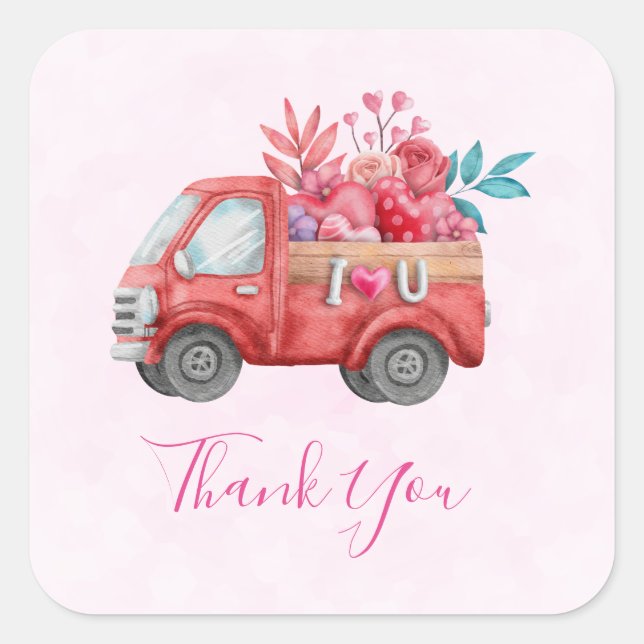 Cute Love Truck  Hearts & Flowers Cargo Thank You Square Sticker (Front)