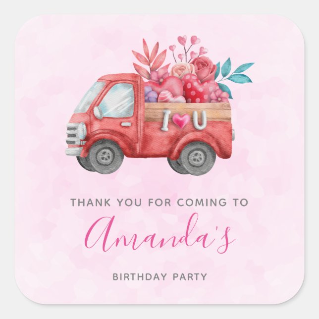 Cute Love Truck with heart cargo Birthday Square Sticker (Front)