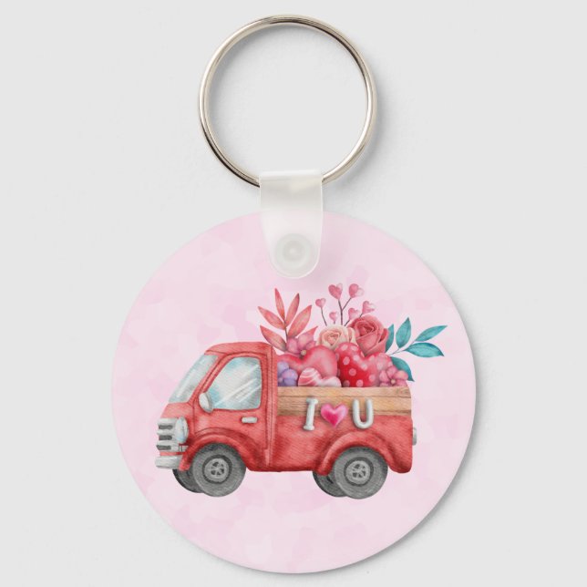 Cute Love Truck with Heart Cargo Watercolor Keychain (Front)