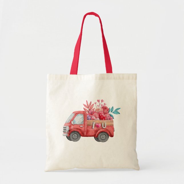 Cute Love Truck with Heart Cargo Watercolor Tote Bag (Front)