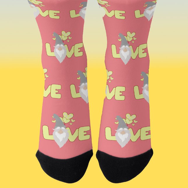 Cute love Valentines Day Gnome  Pink Yellow Grey Socks (Creator Uploaded)