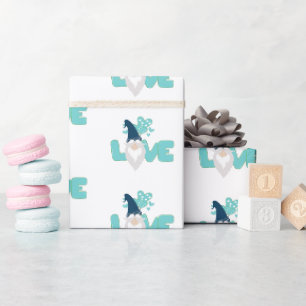 Cute love Valentines Day Gnome Teal Blue White Wrapping Paper