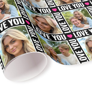 Cute Love You 4 Photo Collage Heart Modern Black Wrapping Paper