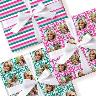 Cute Love You 4 Photo Collage Pink Heart 3 Set Wrapping Paper Sheet