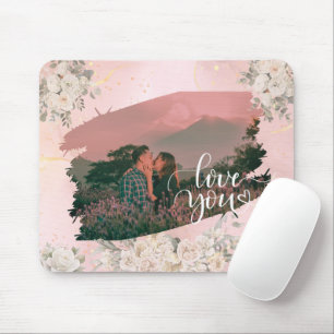 Cute Love You Custom Photo For Couple Pink Floral Mouse Pad