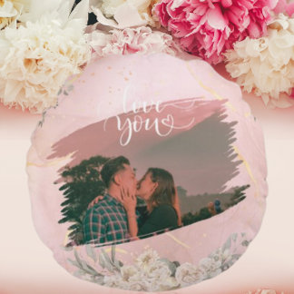 Cute Love You Custom Photo For Couple Pink Floral  Round Pillow