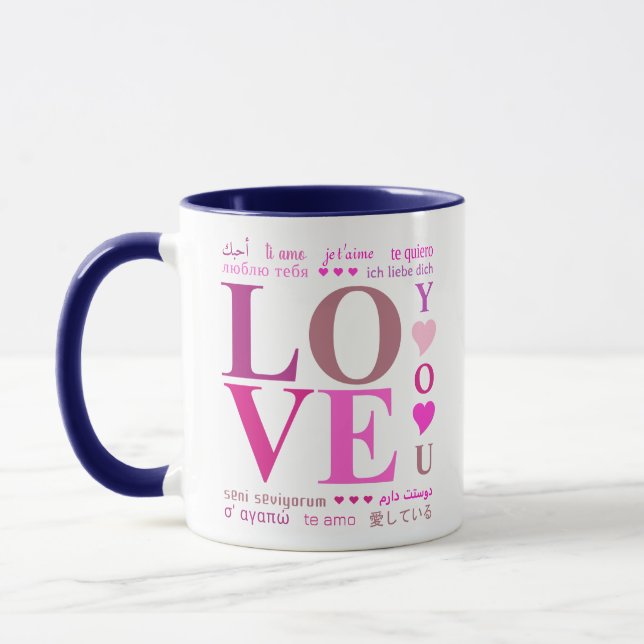 Cute "LOVE YOU" in Romantic Languages, Girly Pink  Mug (Left)
