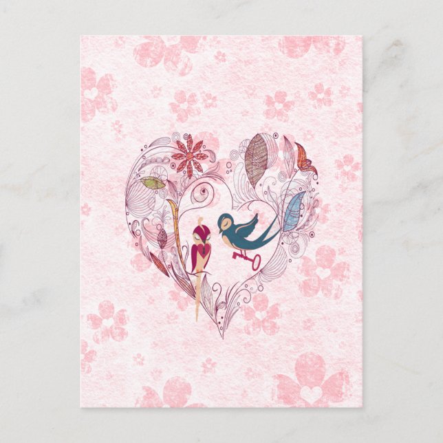 Cute loveable birds with the key to the love postcard (Front)