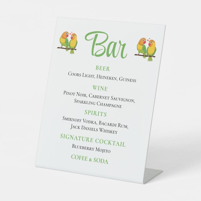 Cute Lovebird Love Birds Green Wedding Bar Pedestal Sign (Front)