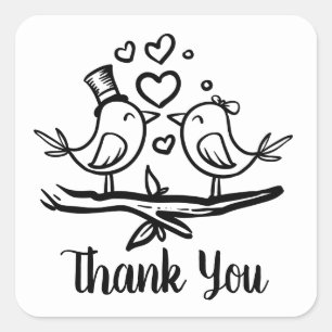 Cute Lovebirds Black White Wedding Thank You Square Sticker