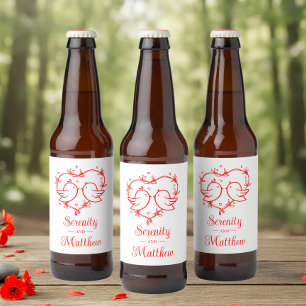 Cute Lovebirds Boho Red Heart Garden Wedding Beer Bottle Label