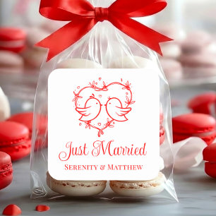 Cute Lovebirds Boho Red Heart Just Married Wedding Square Sticker