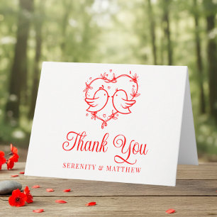 Cute Lovebirds Boho Red Heart Thank You Wedding Card