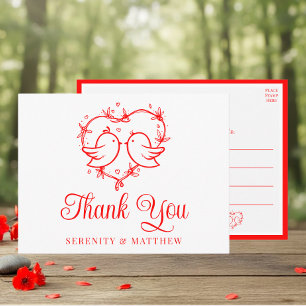 Cute Lovebirds Boho Red Heart WeddingThank You Postcard