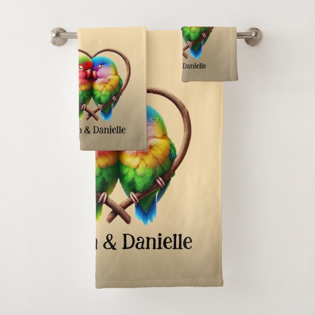 Cute Lovebirds Cuddling in a Heart Shaped Bough Bath Towel Set (Insitu)