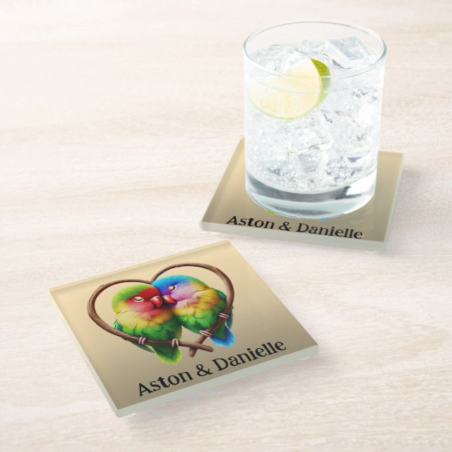 Cute Lovebirds Cuddling in a Heart Shaped Bough Glass Coaster (Angled)
