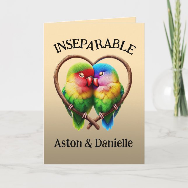 Cute Lovebirds Cuddling in a Heart Shaped Bough Thank You Card (Front)