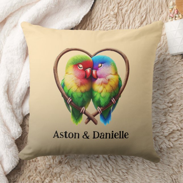 Cute Lovebirds Cuddling in a Heart Shaped Bough Throw Pillow (Blanket)