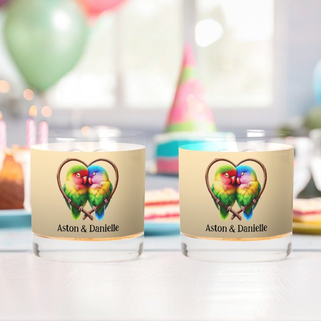 Cute Lovebirds Cuddling in a Heart Shaped Bough Whiskey Glass (Insitu (Birthday))