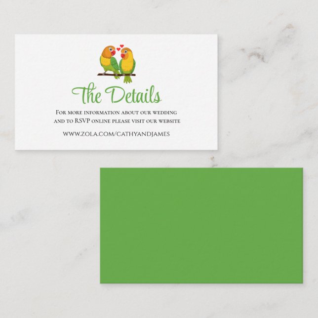 Cute Lovebirds Green Love Birds Wedding Details Enclosure Card (Front/Back)