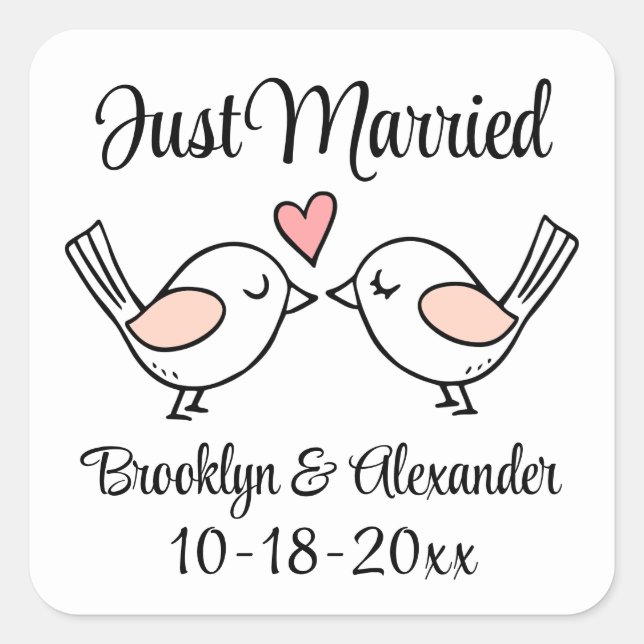 Cute Lovebirds Love Birds Just Married Wedding  Square Sticker (Front)