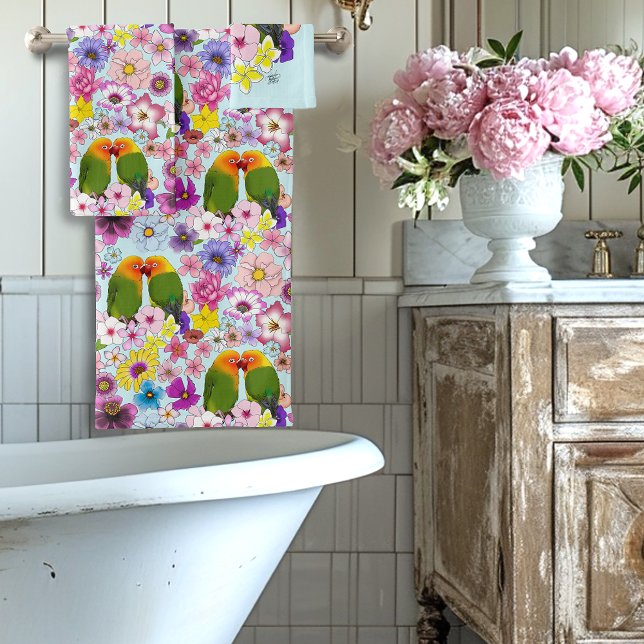 Cute Lovebirds Tropical Flowers Romantic Bird Bath Towel Set (Creator Uploaded)