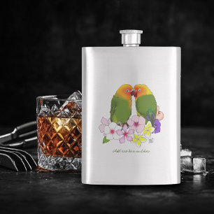 Cute Lovebirds Tropical Flowers Romantic Bird Hip Flask