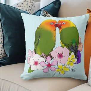 Cute Lovebirds Tropical Flowers Romantic Bird Throw Pillow