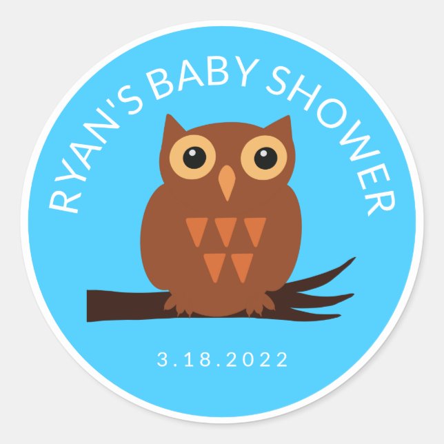 Cute Lovely Brown Owl on Branch Baby Shower Classi Classic Round Sticker (Front)