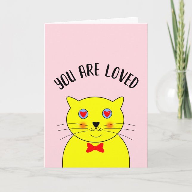 Cute Lovely Fat Yellow Cat Red Hearts Love Card (Front)