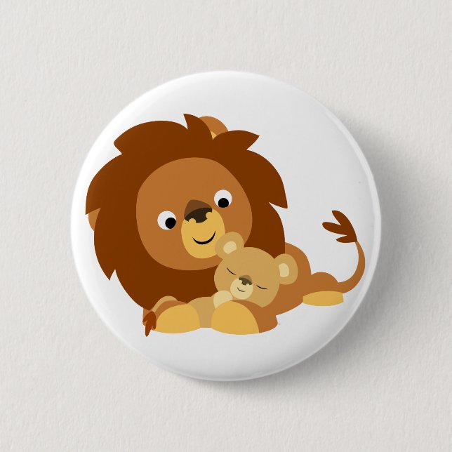 Cute Loving Cartoon Lion Dad and Cub Button Badge (Front)