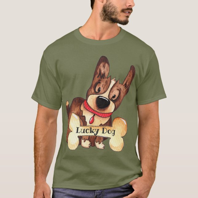 Cute Lucky Dog with Bone Customizable T-Shirt (Front)