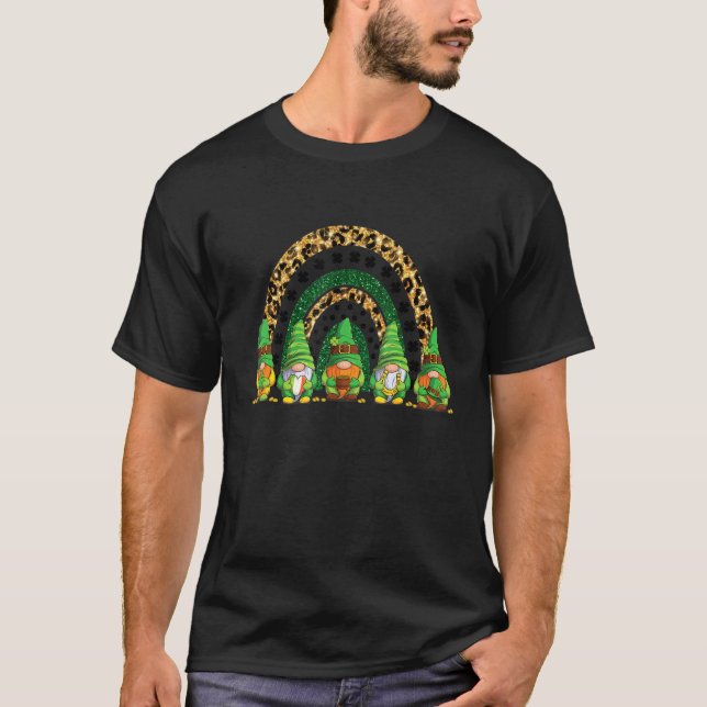 Cute Lucky Rainbow Gnome Leopard Plaid St Patrick  T-Shirt (Front)