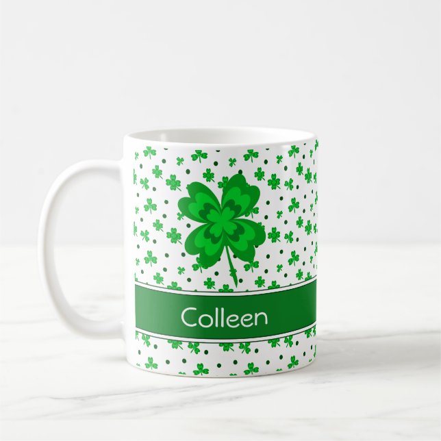 Cute Lucky Shamrocks and Dots Monogram Name Coffee Mug (Left)
